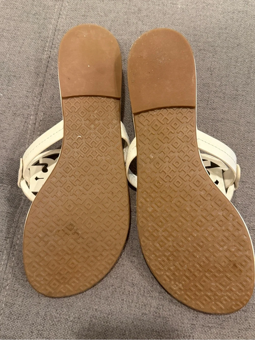 Tory Burch Ivory Leather Logo Thong Sandals with Silver Medallions
